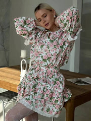 Vintage Long Sleeve Shirt With High Waist Pleated Mini Skirt Loose Print 2 Piece Sets Mssza