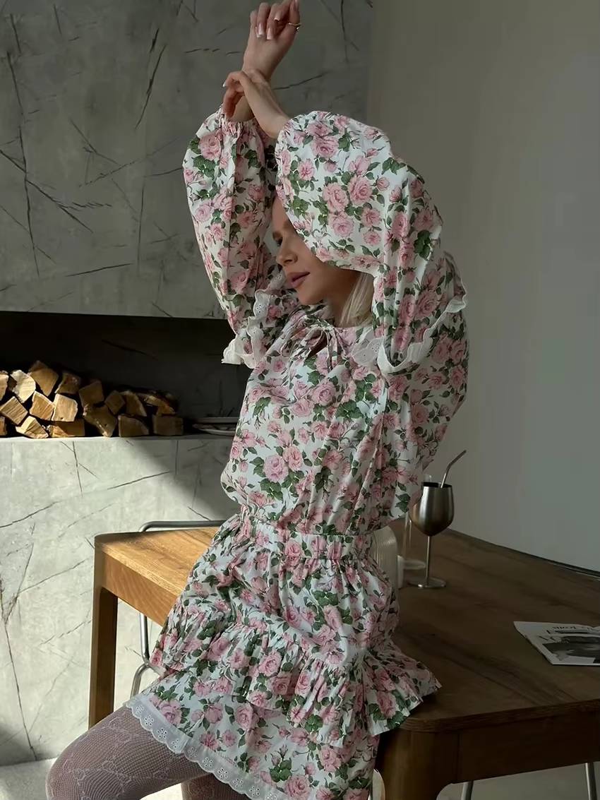 Vintage Long Sleeve Shirt With High Waist Pleated Mini Skirt Loose Print 2 Piece Sets Mssza