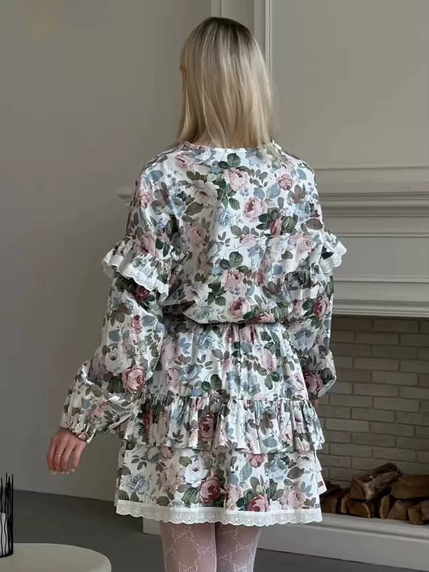 Vintage Long Sleeve Shirt With High Waist Pleated Mini Skirt Loose Print 2 Piece Sets Mssza