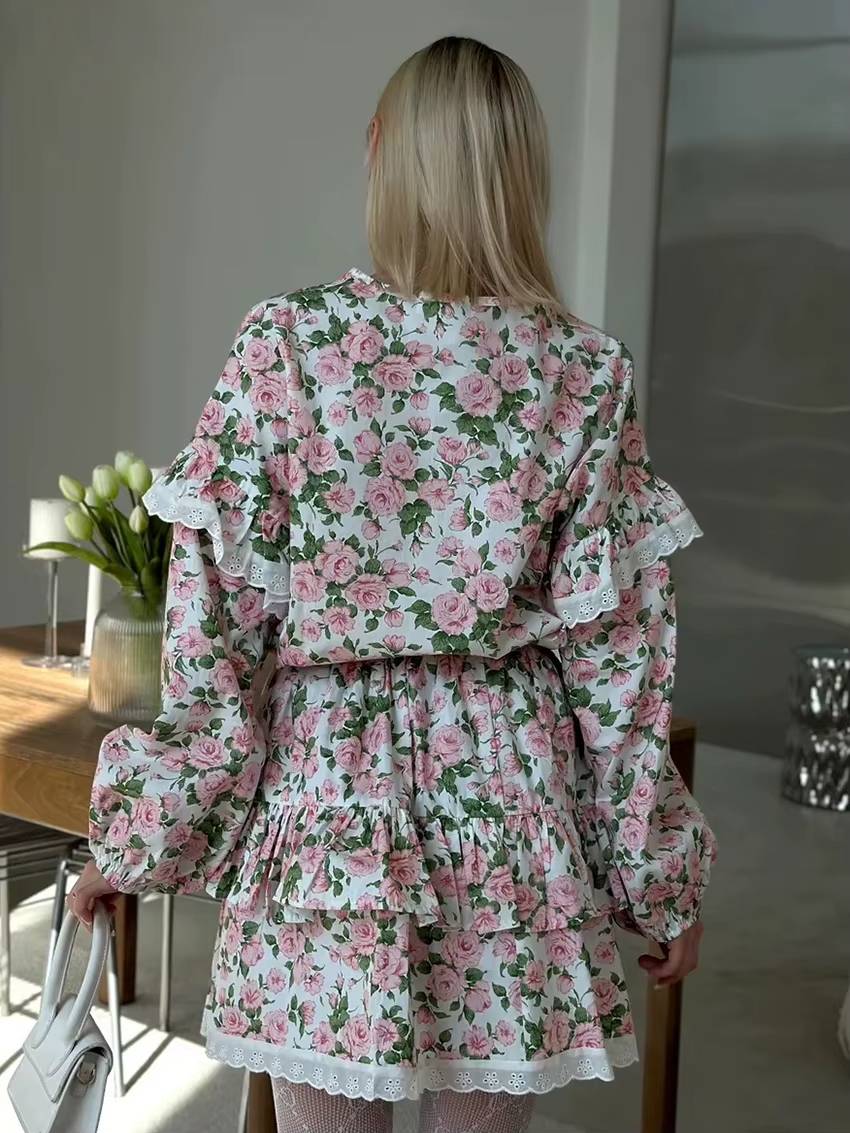 Vintage Long Sleeve Shirt With High Waist Pleated Mini Skirt Loose Print 2 Piece Sets Mssza