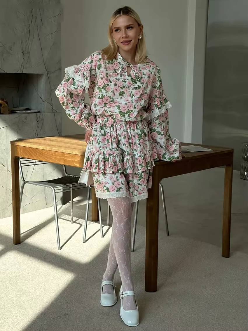 Vintage Long Sleeve Shirt With High Waist Pleated Mini Skirt Loose Print 2 Piece Sets Mssza