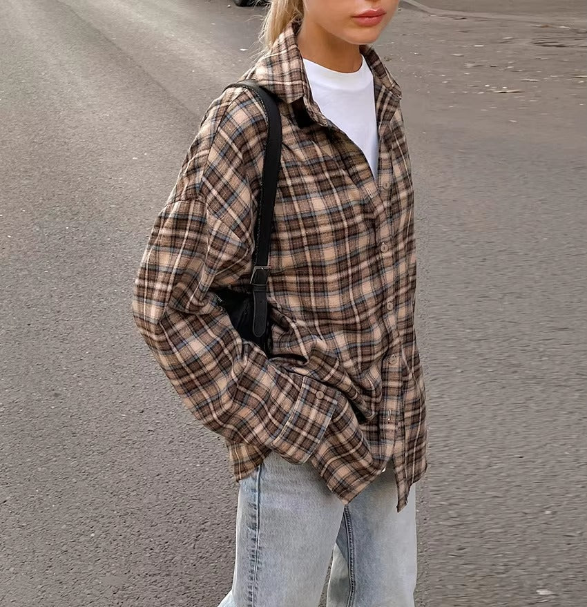 Vintage Long Sleeve Single Breasted Plaid Checkered Shirt Mssza