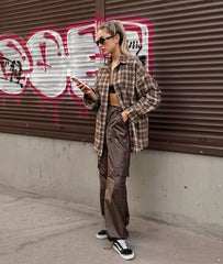 Vintage Long Sleeve Single Breasted Plaid Checkered Shirt Mssza