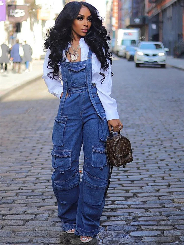 Vintage Loose Overalls Pockets Wide Leg Jumpsuit Streetwear Mssza