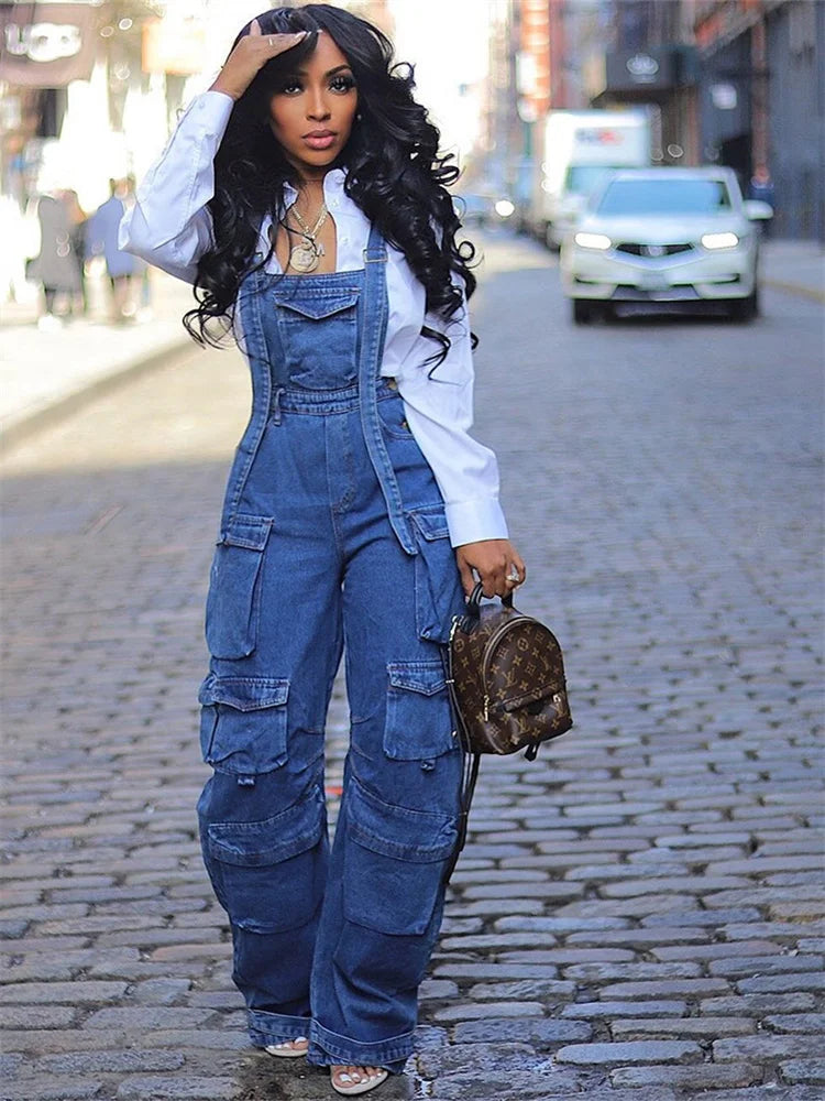 Vintage Loose Overalls Pockets Wide Leg Jumpsuit Streetwear Mssza