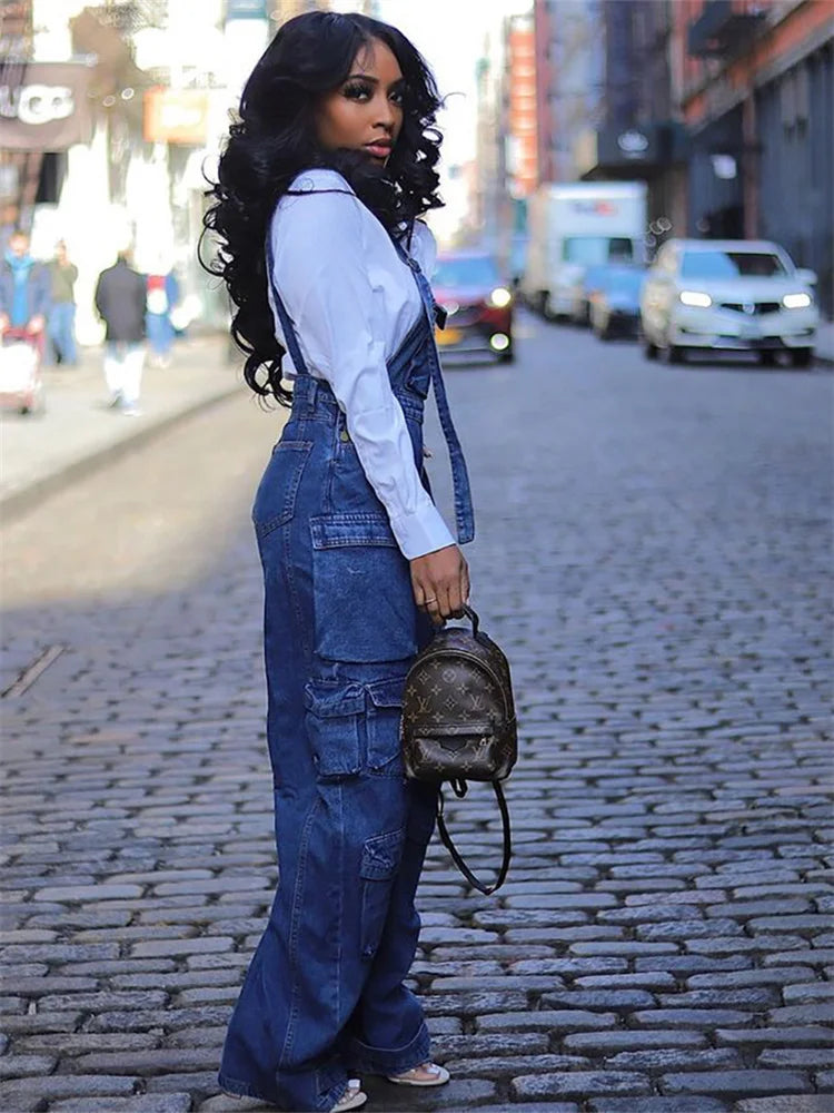 Vintage Loose Overalls Pockets Wide Leg Jumpsuit Streetwear Mssza