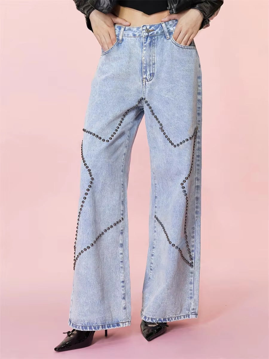 Vintage Loose Retro Beaded Streetwear High Waist Baggy Wide Leg Trousers Jeans Mssza