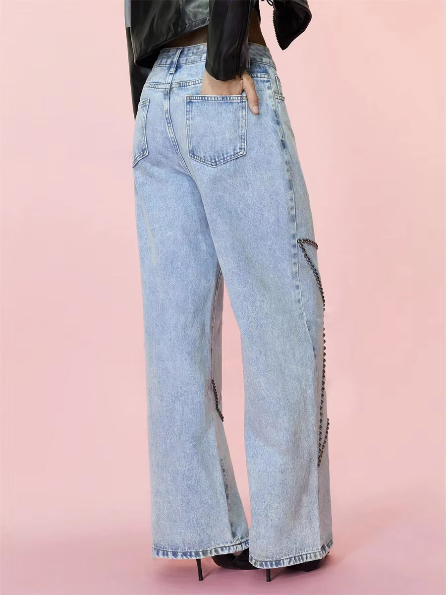 Vintage Loose Retro Beaded Streetwear High Waist Baggy Wide Leg Trousers Jeans Mssza