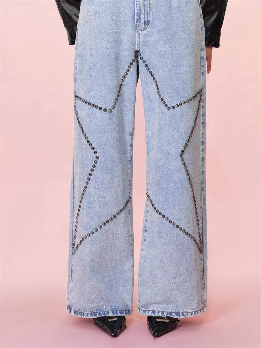 Vintage Loose Retro Beaded Streetwear High Waist Baggy Wide Leg Trousers Jeans Mssza
