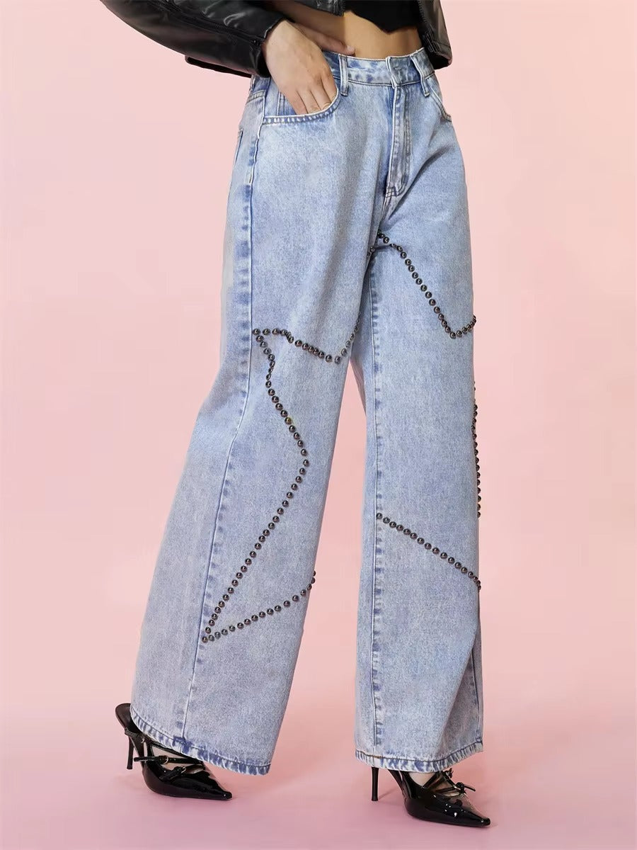 Vintage Loose Retro Beaded Streetwear High Waist Baggy Wide Leg Trousers Jeans Mssza