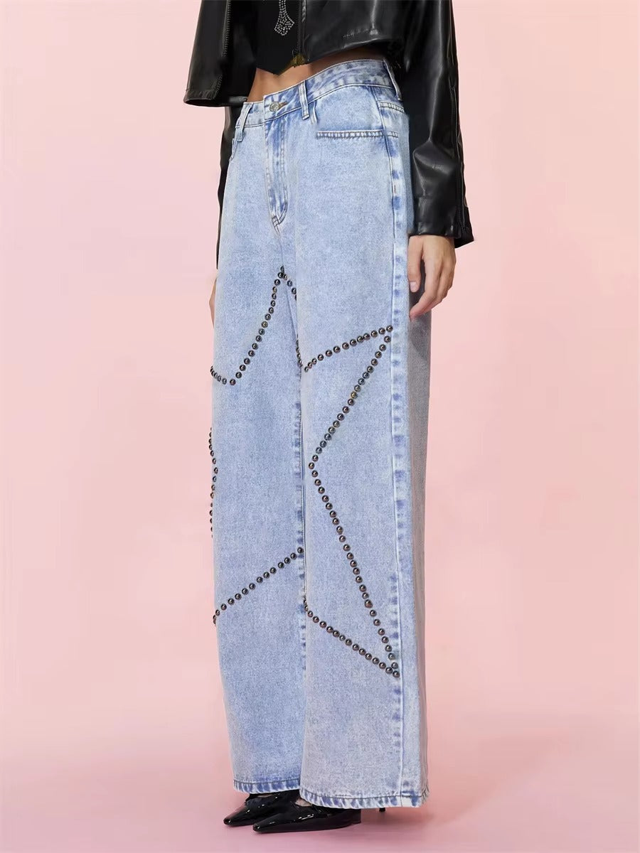 Vintage Loose Retro Beaded Streetwear High Waist Baggy Wide Leg Trousers Jeans Mssza