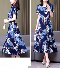 Casual O-Neck Print Knee-Length Non Stretch Midi Dress Mssza