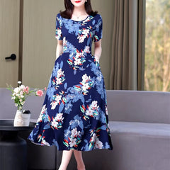 Casual O-Neck Print Knee-Length Non Stretch Midi Dress Mssza