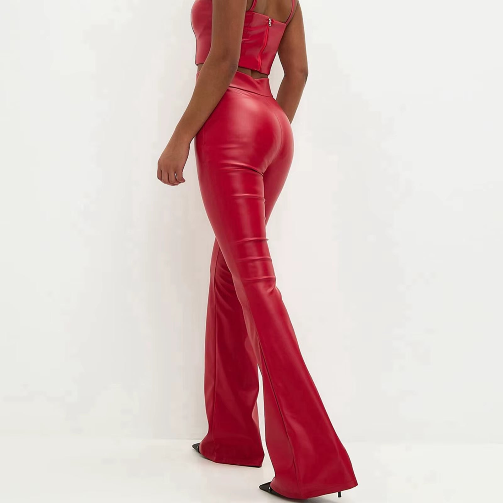 Vintage PU Leather Bodycon Bell Bottom Stretch Slim High Waist Flared Pants Mssza