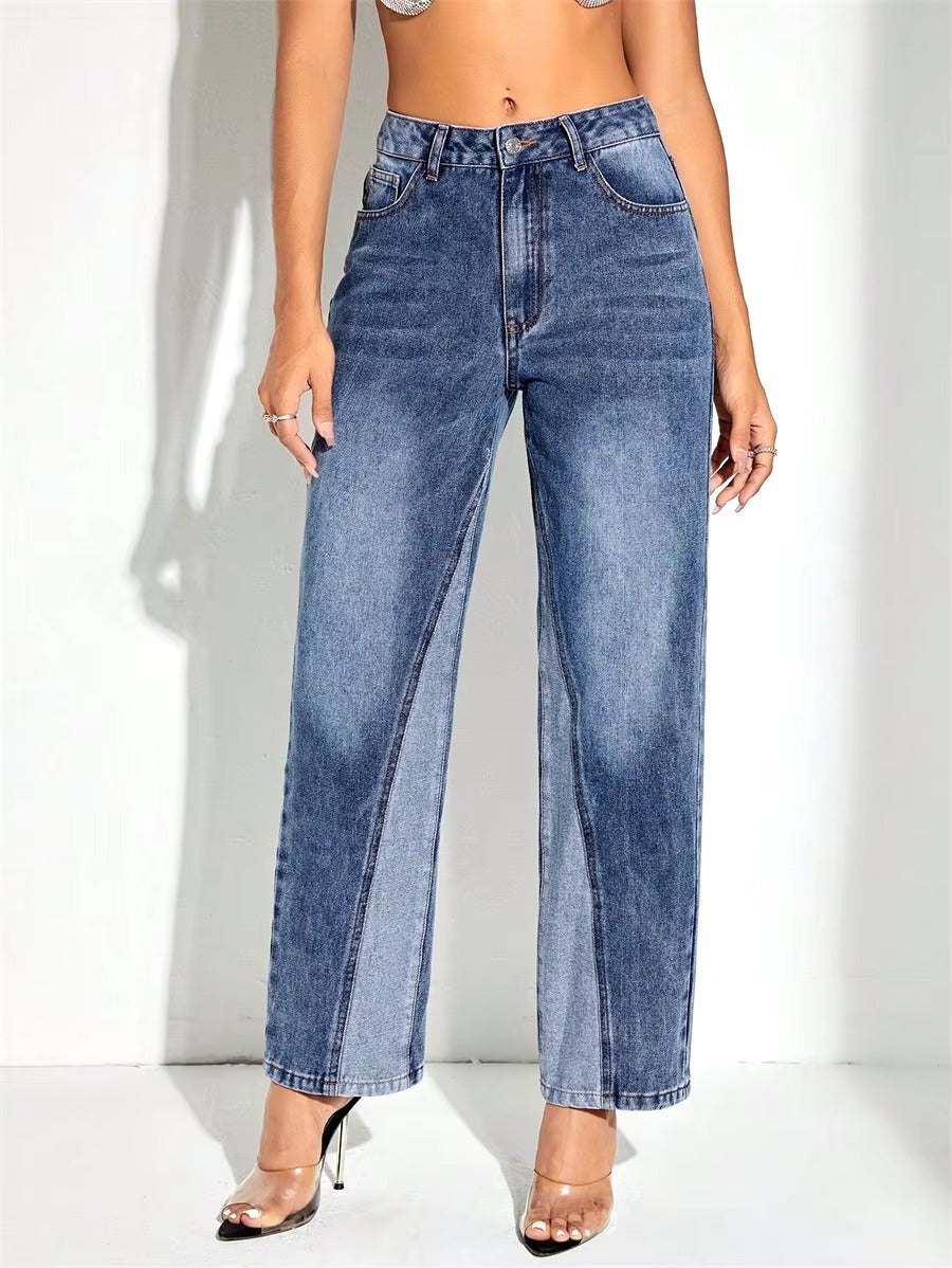 Vintage Patchwork Loose High Waist Straight Wide-leg Denim Streetwear Casual Trousers Mssza