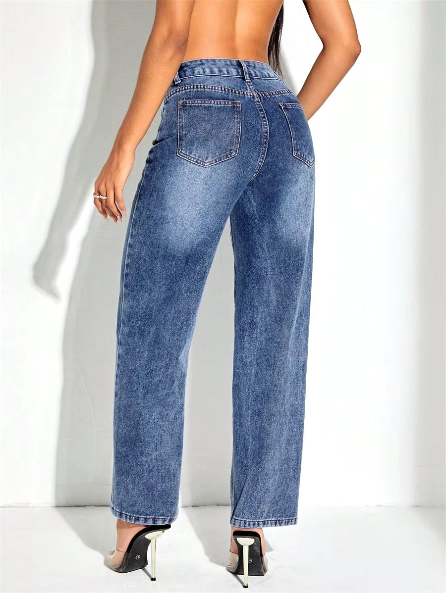 Vintage Patchwork Loose High Waist Straight Wide-leg Denim Streetwear Casual Trousers Mssza