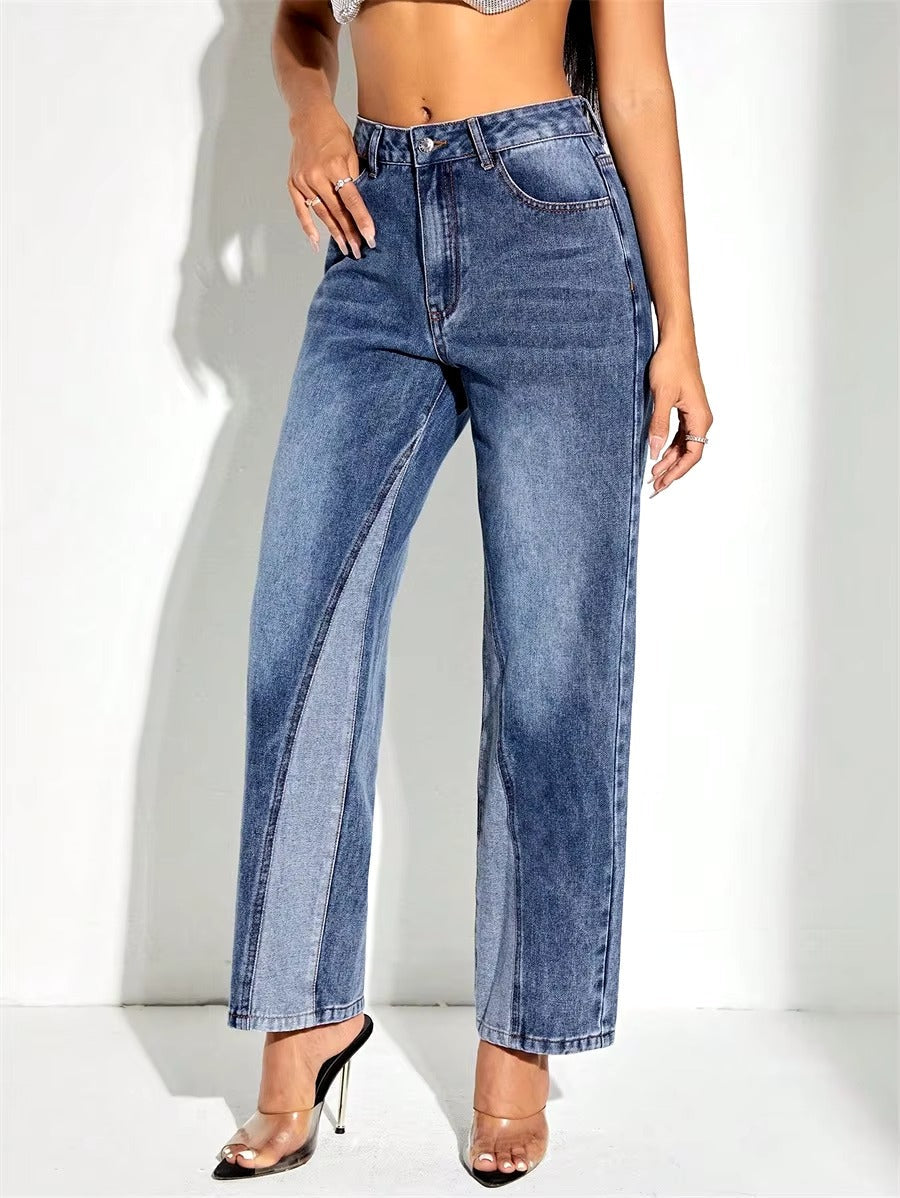Vintage Patchwork Loose High Waist Straight Wide-leg Denim Streetwear Casual Trousers Mssza