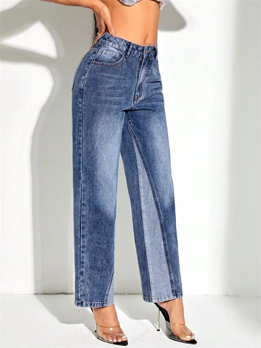 Vintage Patchwork Loose High Waist Straight Wide-leg Denim Streetwear Casual Trousers Mssza