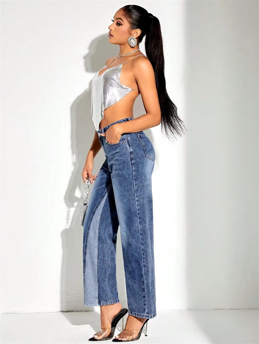 Vintage Patchwork Loose High Waist Straight Wide-leg Denim Streetwear Casual Trousers Mssza