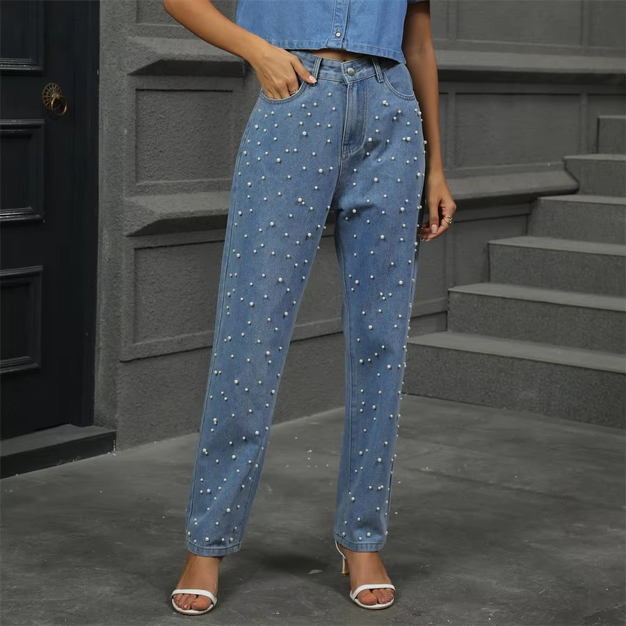Vintage Pearl Beaded High Waist Loose Straight Long Streetwear Washed Denim Pants Mssza