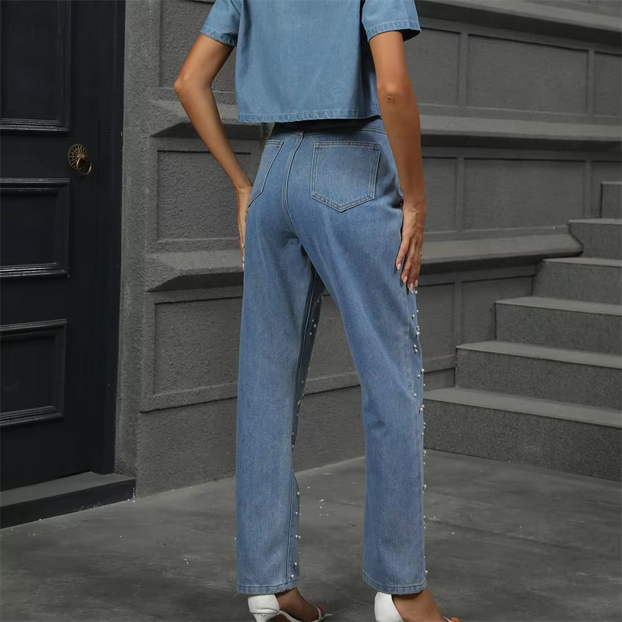 Vintage Pearl Beaded High Waist Loose Straight Long Streetwear Washed Denim Pants Mssza