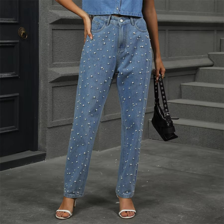 Vintage Pearl Beaded High Waist Loose Straight Long Streetwear Washed Denim Pants Mssza