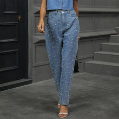 Vintage Pearl Beaded High Waist Loose Straight Long Streetwear Washed Denim Pants Mssza