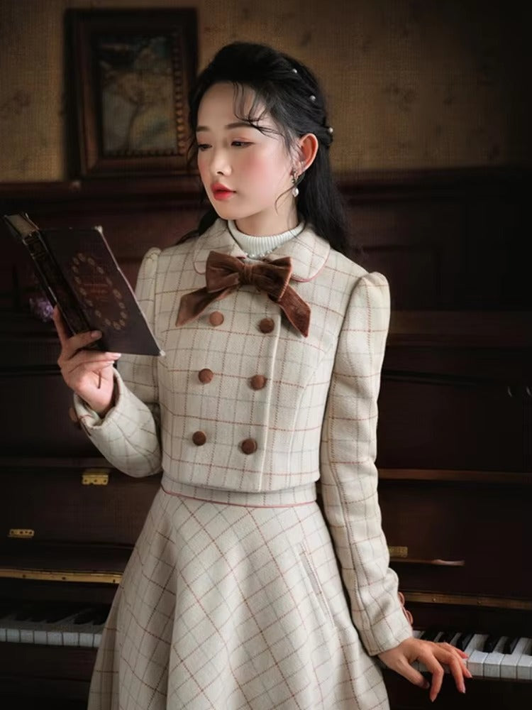 Vintage Plaid Bow Double-breasted Long Sleeve Coat And Skirt 2 Piece Suit Mssza
