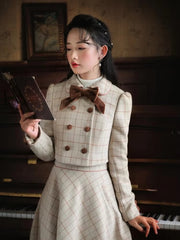 Vintage Plaid Bow Double-breasted Long Sleeve Coat And Skirt 2 Piece Suit Mssza