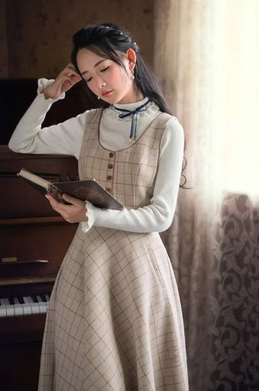 Vintage Plaid Bow Double-breasted Long Sleeve Coat And Skirt 2 Piece Suit Mssza
