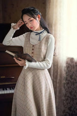 Vintage Plaid Bow Double-breasted Long Sleeve Coat And Skirt 2 Piece Suit Mssza