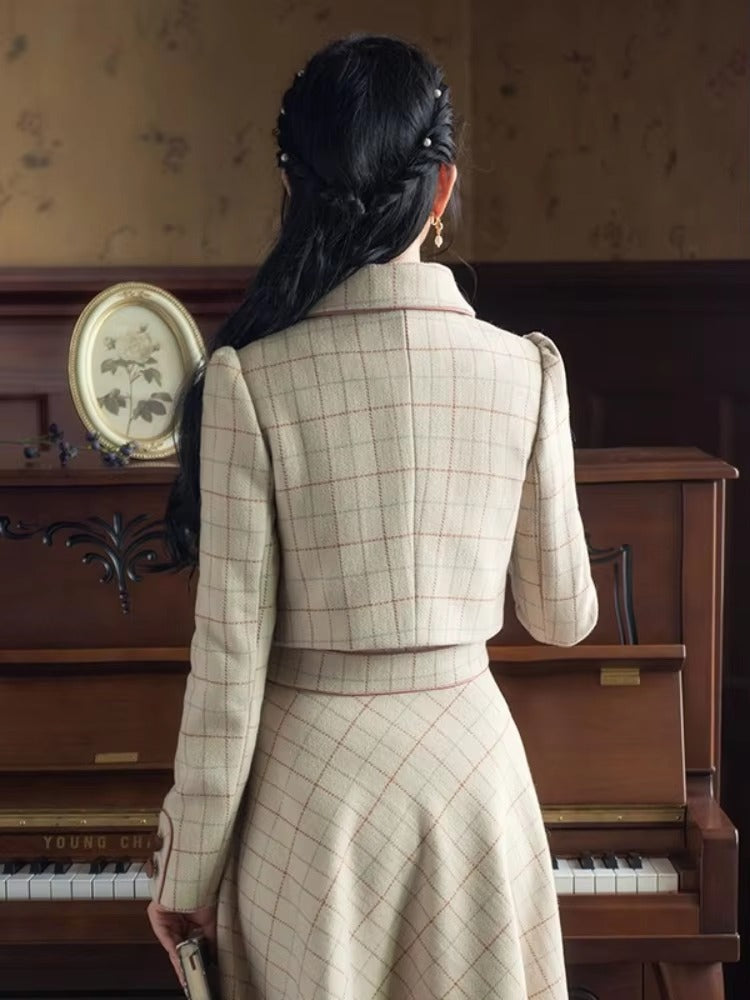 Vintage Plaid Bow Double-breasted Long Sleeve Coat And Skirt 2 Piece Suit Mssza
