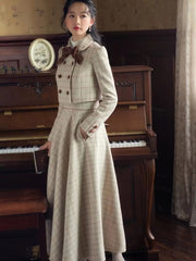 Vintage Plaid Bow Double-breasted Long Sleeve Coat And Skirt 2 Piece Suit Mssza