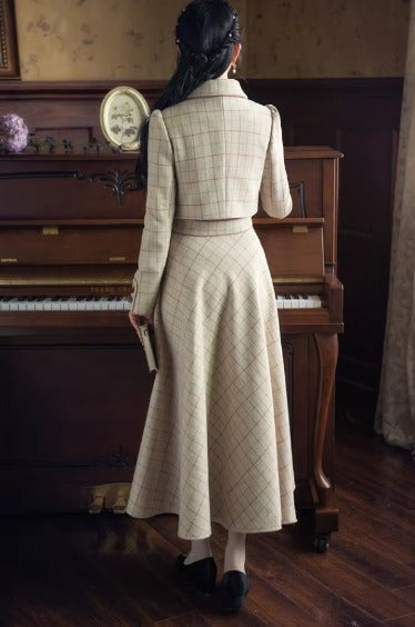 Vintage Plaid Bow Double-breasted Long Sleeve Coat And Skirt 2 Piece Suit Mssza