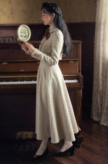 Vintage Plaid Bow Double-breasted Long Sleeve Coat And Skirt 2 Piece Suit Mssza