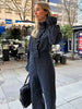 Vintage Plaids Lapel Ruffle Flare Blouses And Straight High Waist Pants Suit Mssza