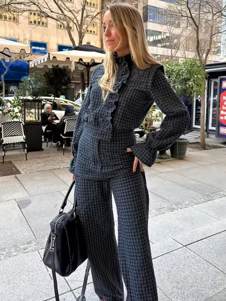 Vintage Plaids Lapel Ruffle Flare Blouses And Straight High Waist Pants Suit Mssza
