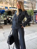 Vintage Plaids Lapel Ruffle Flare Blouses And Straight High Waist Pants Suit Mssza