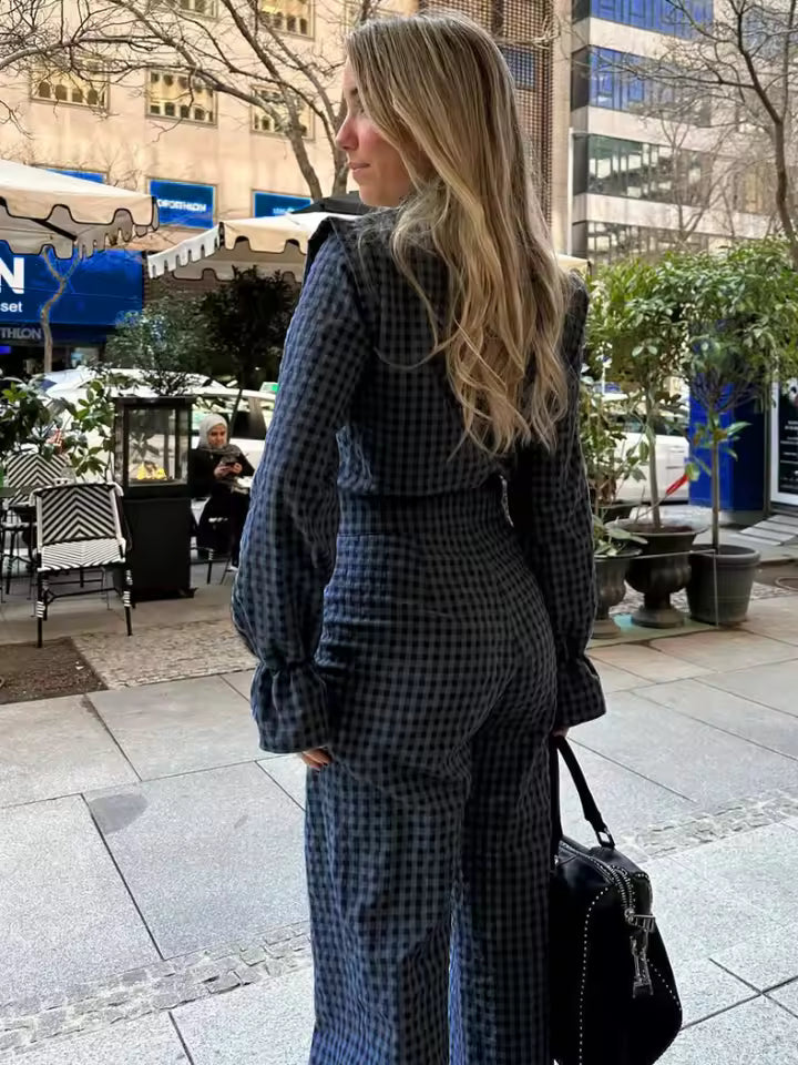 Vintage Plaids Lapel Ruffle Flare Blouses And Straight High Waist Pants Suit Mssza
