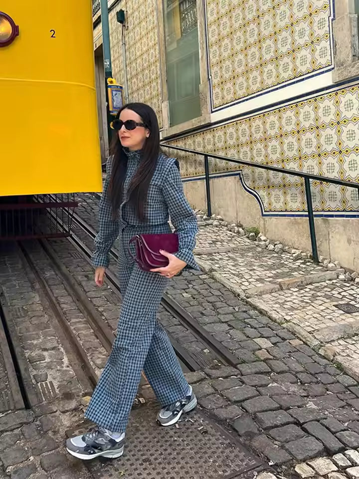Vintage Plaids Lapel Ruffle Flare Blouses And Straight High Waist Pants Suit Mssza