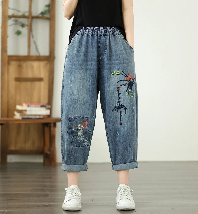 Vintage Plus Size Elastic Waist Embroidered Denim Harem Pants Mssza