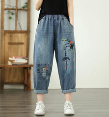 Vintage Plus Size Elastic Waist Embroidered Denim Harem Pants Mssza