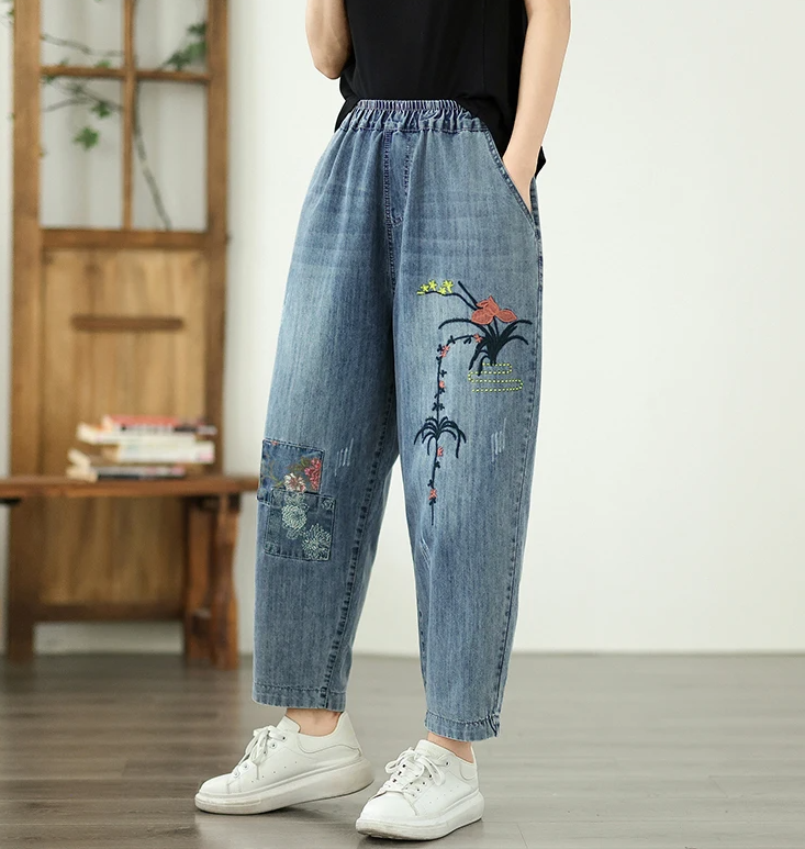 Vintage Plus Size Elastic Waist Embroidered Denim Harem Pants Mssza