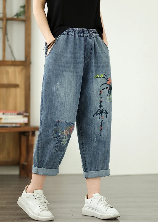 Vintage Plus Size Elastic Waist Embroidered Denim Harem Pants Mssza