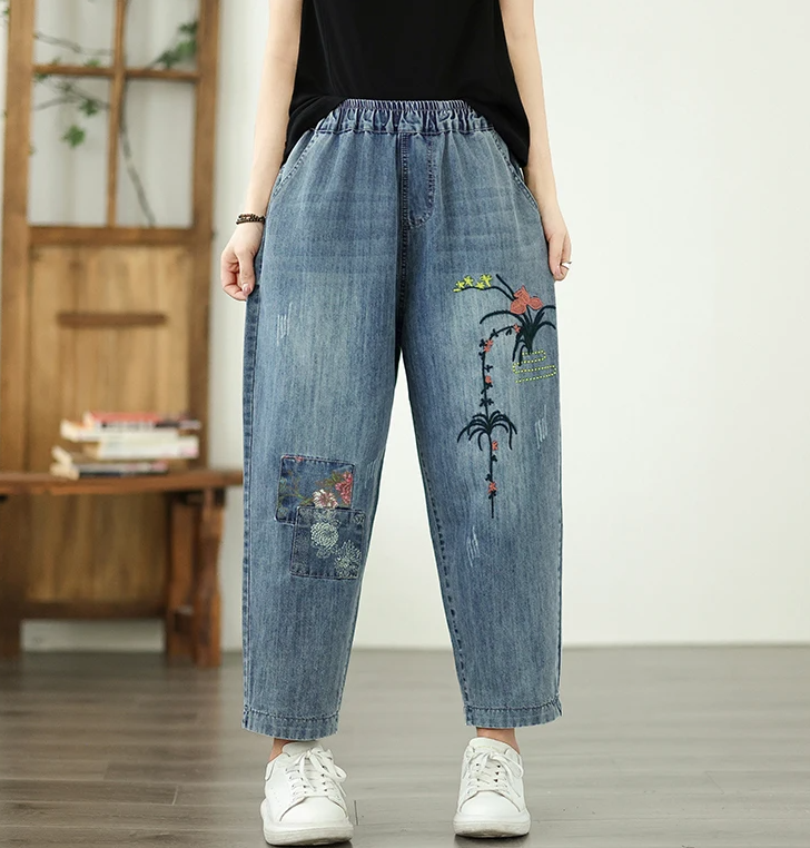Vintage Plus Size Elastic Waist Embroidered Denim Harem Pants Mssza