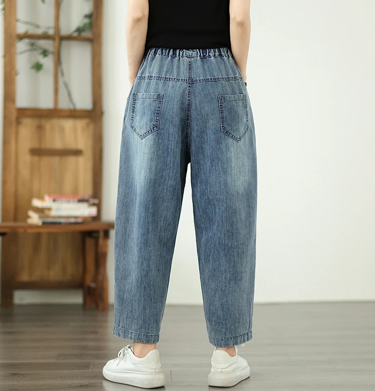 Vintage Plus Size Elastic Waist Embroidered Denim Harem Pants Mssza