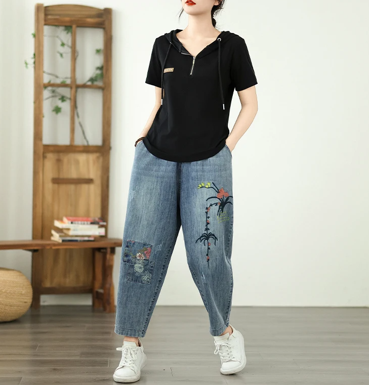 Vintage Plus Size Elastic Waist Embroidered Denim Harem Pants Mssza