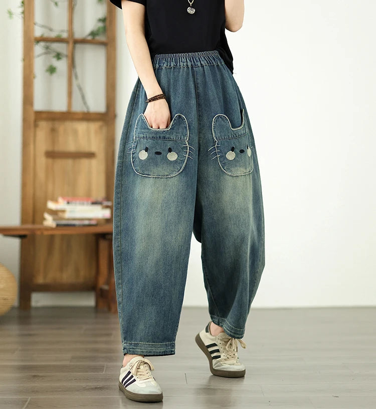 Vintage Plus Size Elastic Waist Personalized Pocket Denim Harem Pants Mssza