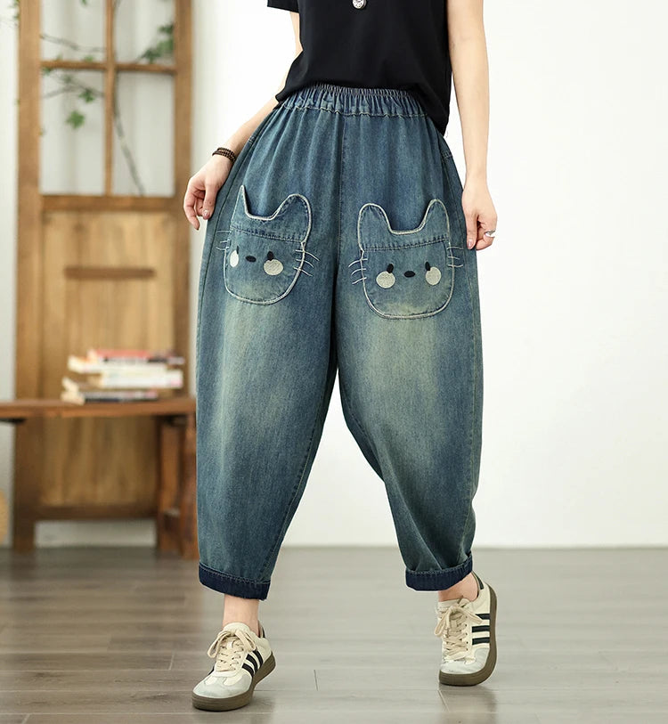 Vintage Plus Size Elastic Waist Personalized Pocket Denim Harem Pants Mssza