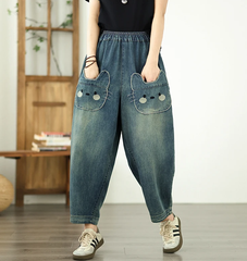 Vintage Plus Size Elastic Waist Personalized Pocket Denim Harem Pants Mssza